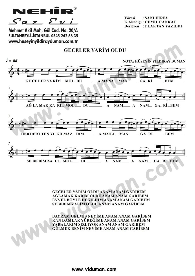 Geceler Yarim Oldu-Baglama-Saz-Notalari