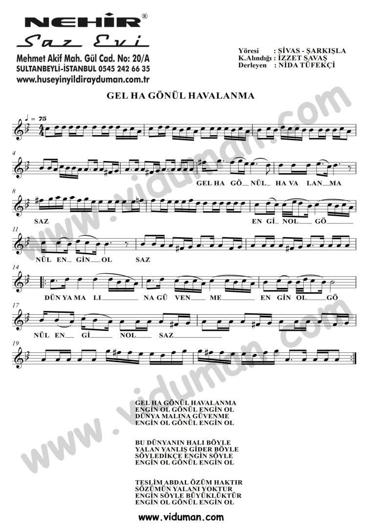 Gel Ha Gonul Havalanma (Engin Ol Gonul)-Baglama-Saz-Notalari