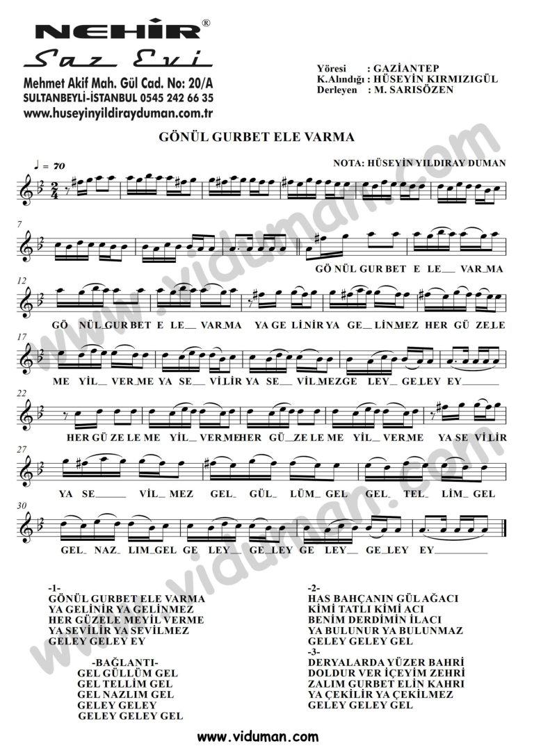 Gonul Gurbet Ele Varma-Baglama-Saz-Notalari