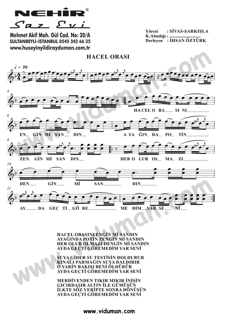 Hacel Obasi-Baglama-Saz-Turku-Notalari