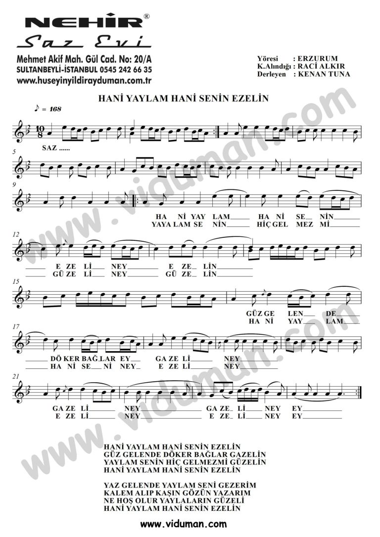 Hani Yaylam Hani Senin Ezelin-Baglama-Saz-Turku-Notalari