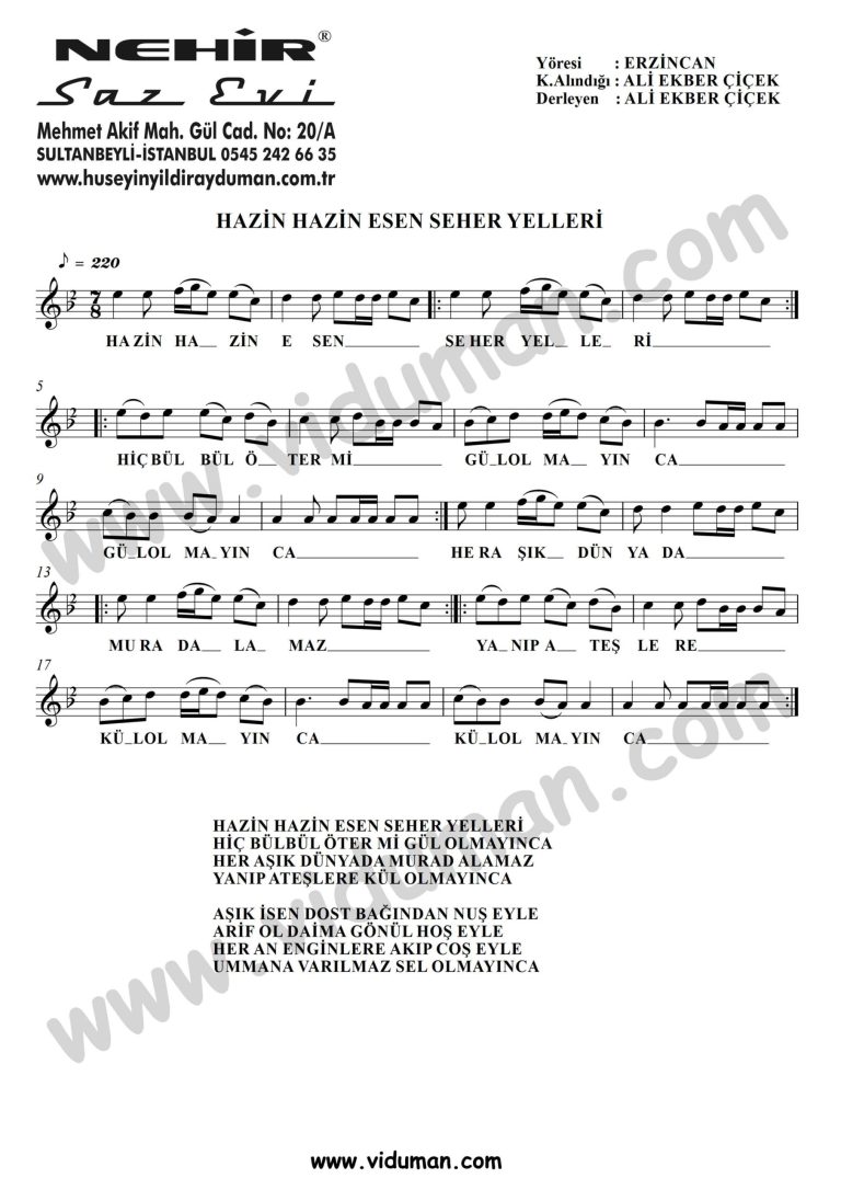Hazin Hazin Esen Seher Yelleri-Baglama-Saz-Turku-Notalari