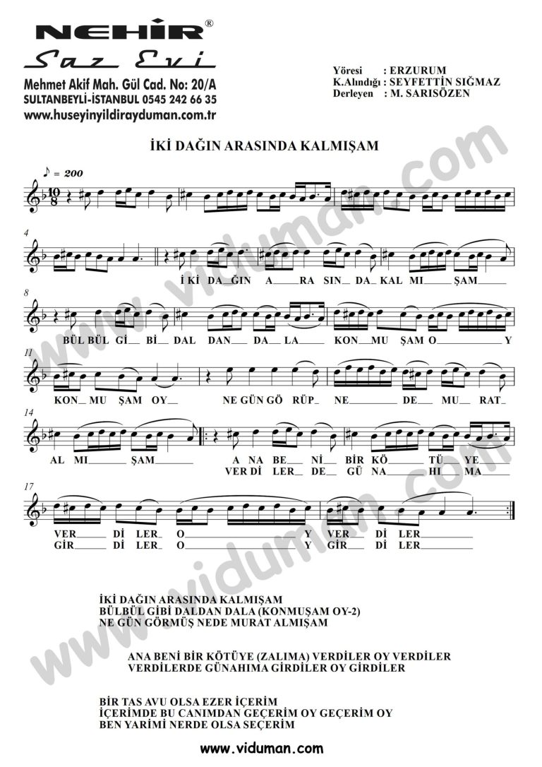 Iki Dagin Arasinda Kalmisam-Baglama-Saz-Turku-Notalari