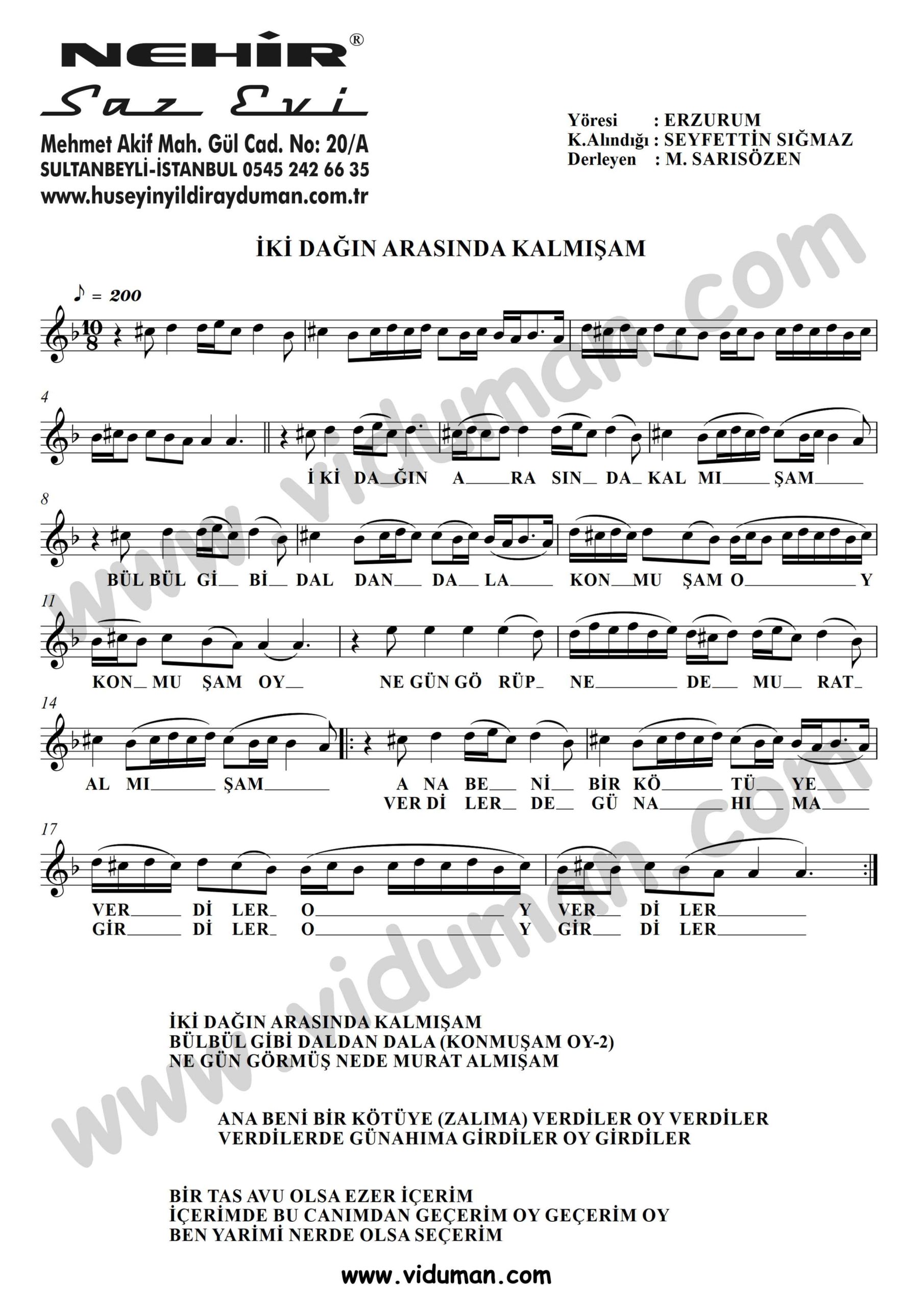 Iki Dagin Arasinda Kalmisam-Baglama-Saz-Turku-Notalari