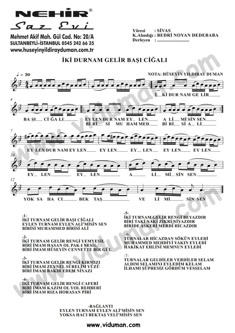 Iki Durnam Gelir Basi Cigali-Baglama-Saz-Turku-Notalari