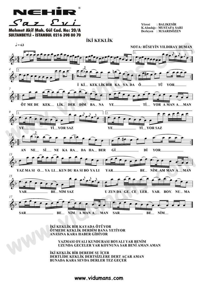 Iki Keklik-Baglama-Saz-Notalari