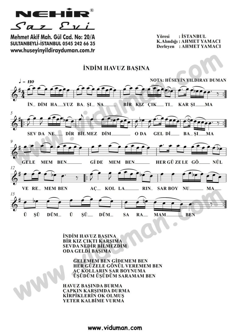 Indim Havuz Basina-Baglama-Saz-Turku-Notalari