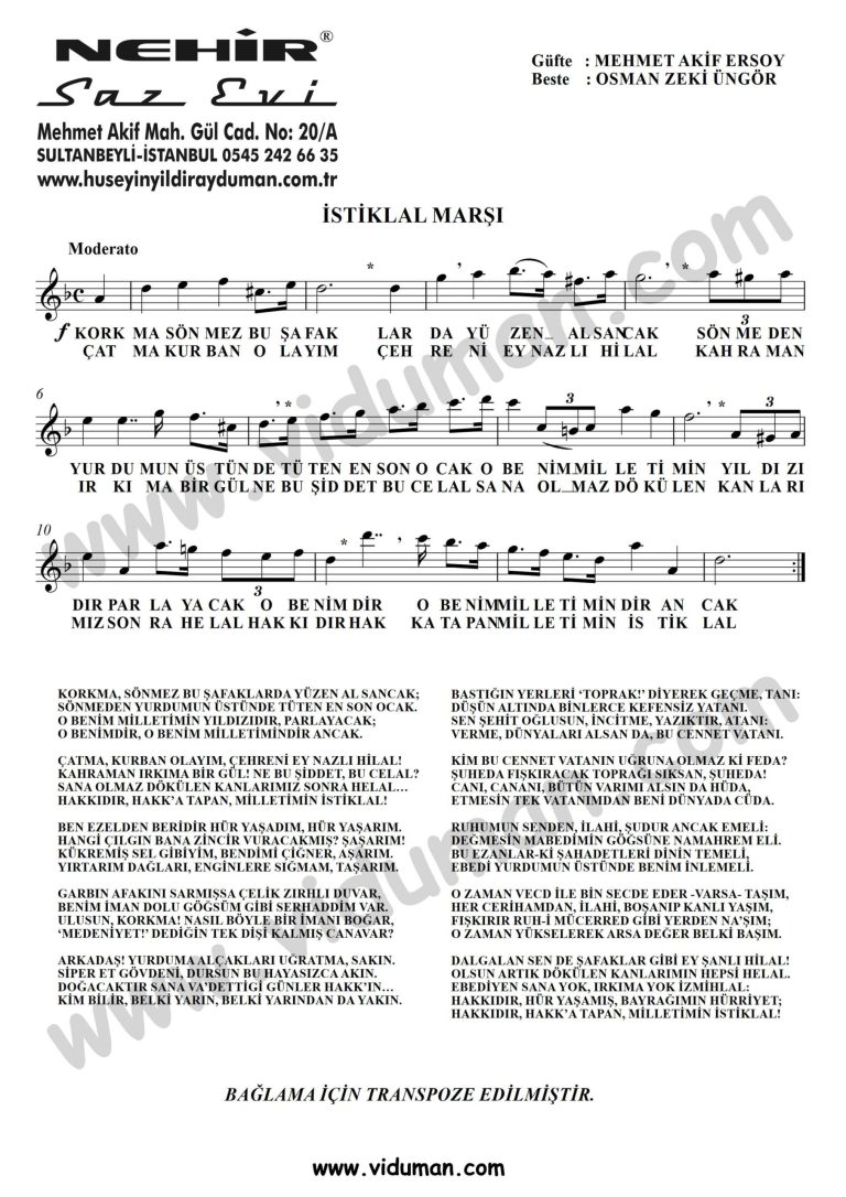 Istiklal Marsi-Baglama-Saz-Turku-Notalari