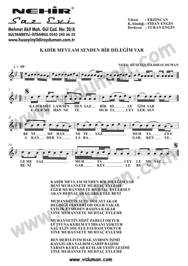 Kadir Mevlam Senden Bir Dilegim Var-Baglama-Saz-Turku Notalari