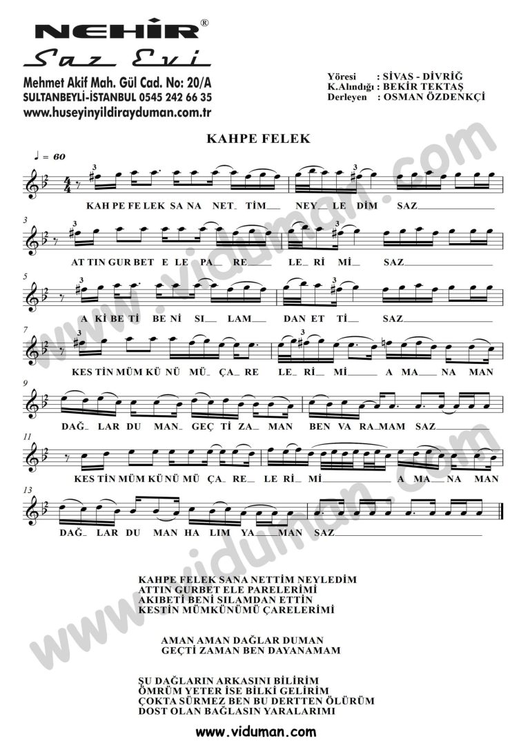 Kahpe Felek-Baglama-Saz-Turku Notalari