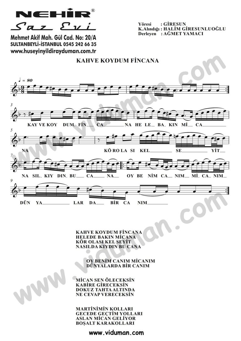 Kahve Koydum Fincana-Baglama-Saz-Turku Notalari