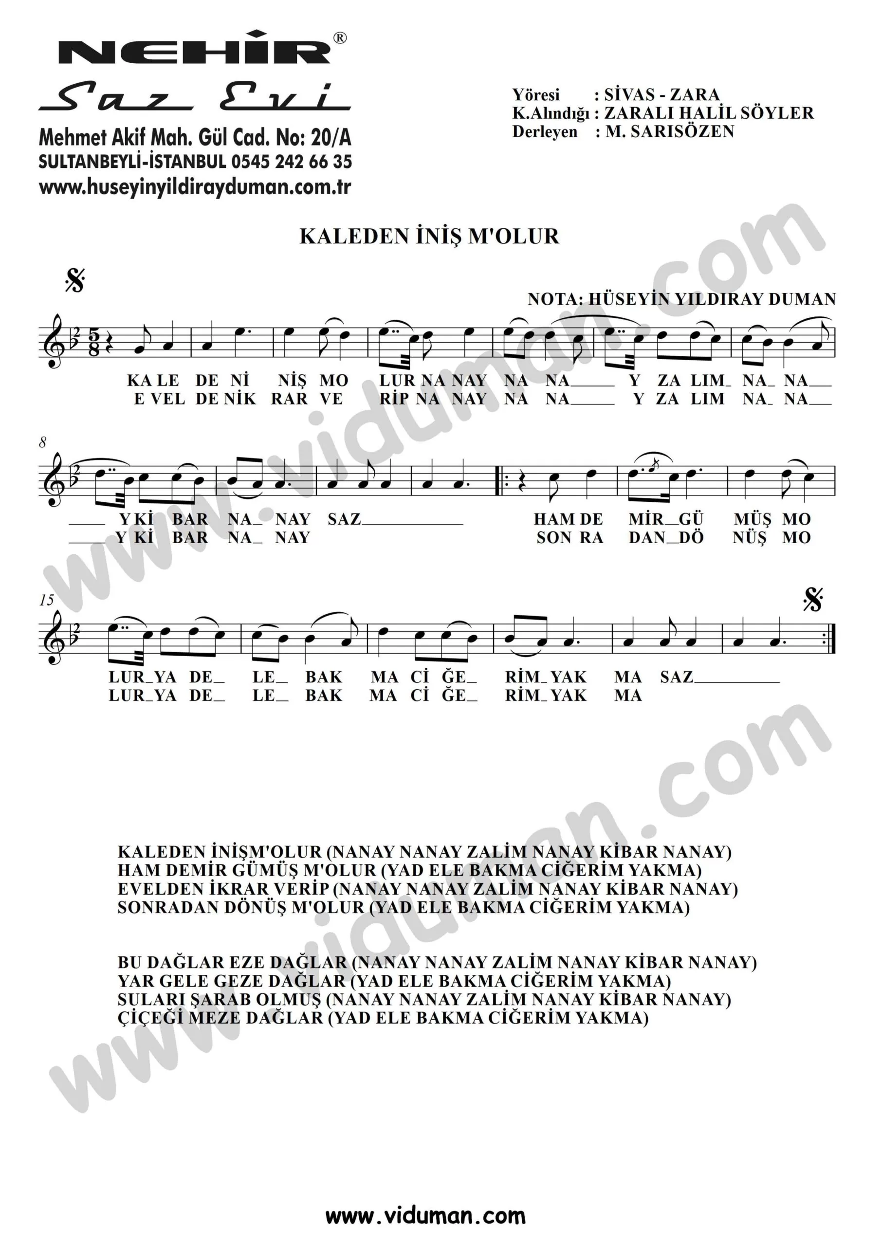 Kaleden Inis Molur-Baglama-Saz-Turku Notalari