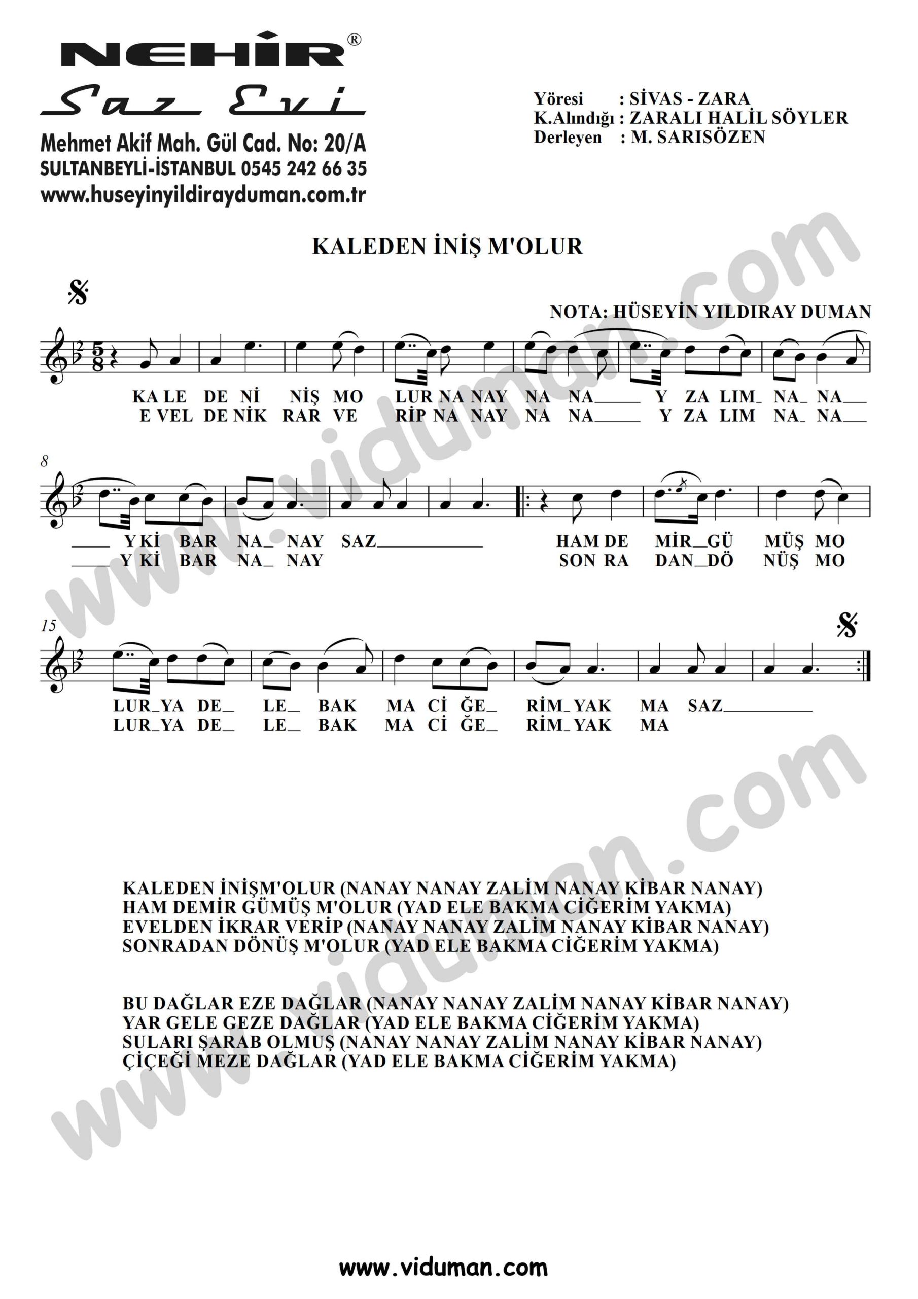 Kaleden Inis Molur-Baglama-Saz-Notalari