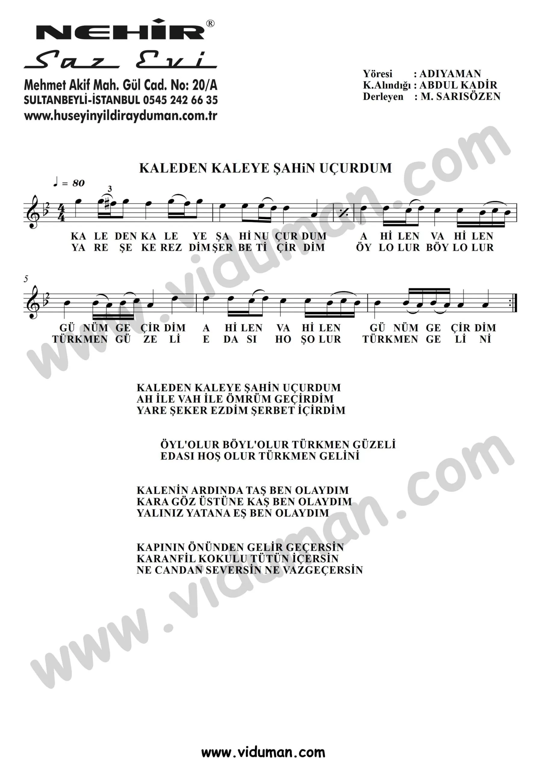 Kaleden Kaleye Sahin Ucurdum-Baglama-Saz-Turku Notalari