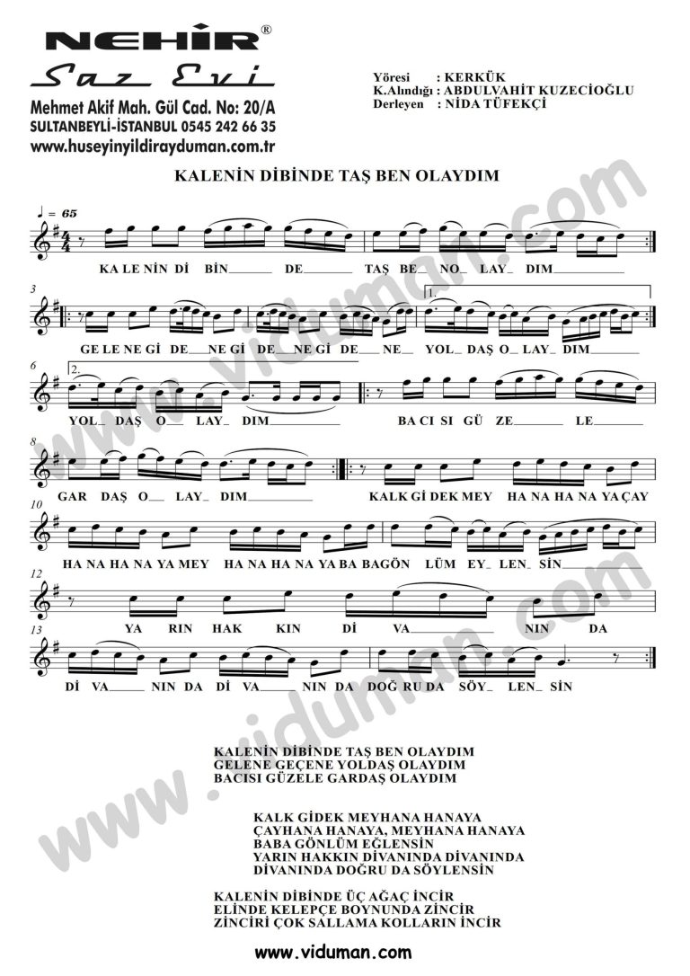 Kalenin Dibinde Tas Ben Olaydim-Baglama-Saz-Turku Notalari