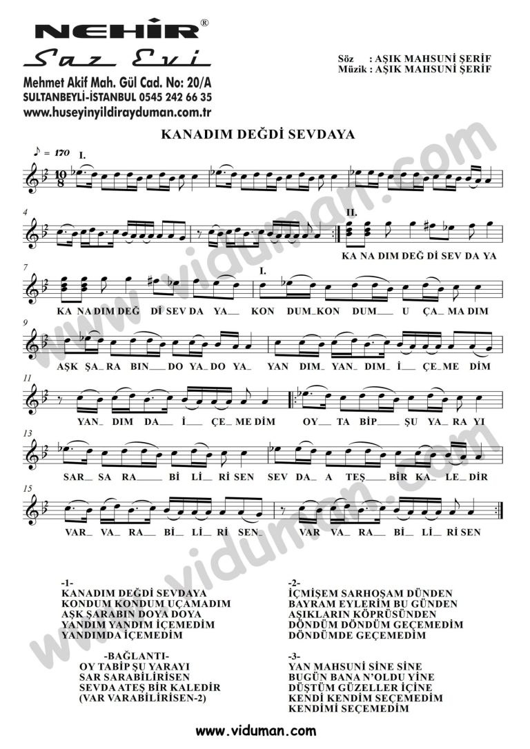 Kanadim Degdi Sevdaya-Baglama-Saz-Turku Notalari