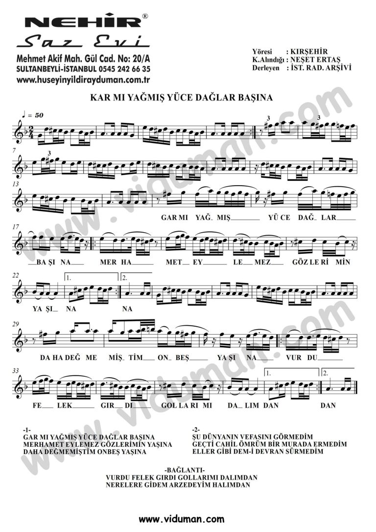 Kar Mi Yagmis Yuce Daglar Basina-Baglama-Saz-Turku Notalari