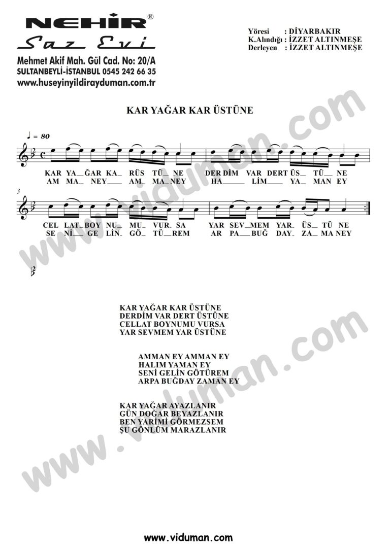 Kar Yagar Kar Ustune-Baglama-Saz-Turku Notalari