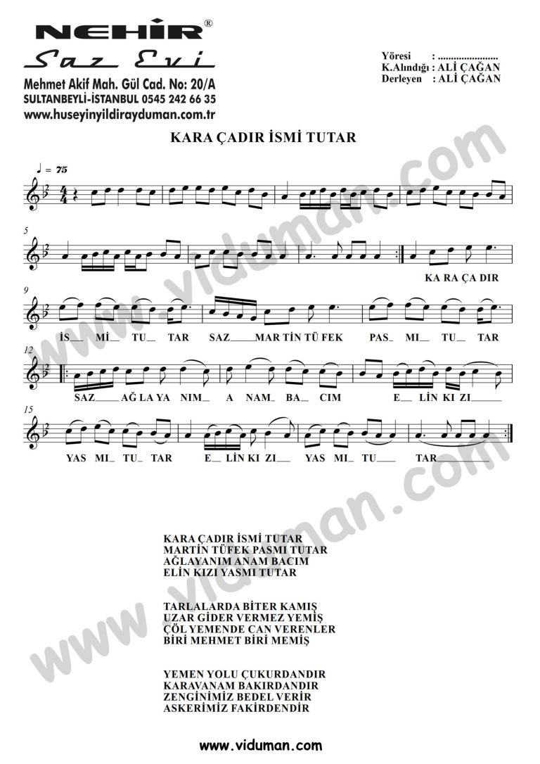 Kara Cadir Ismi Tutar-Baglama-Saz-Turku Notalari