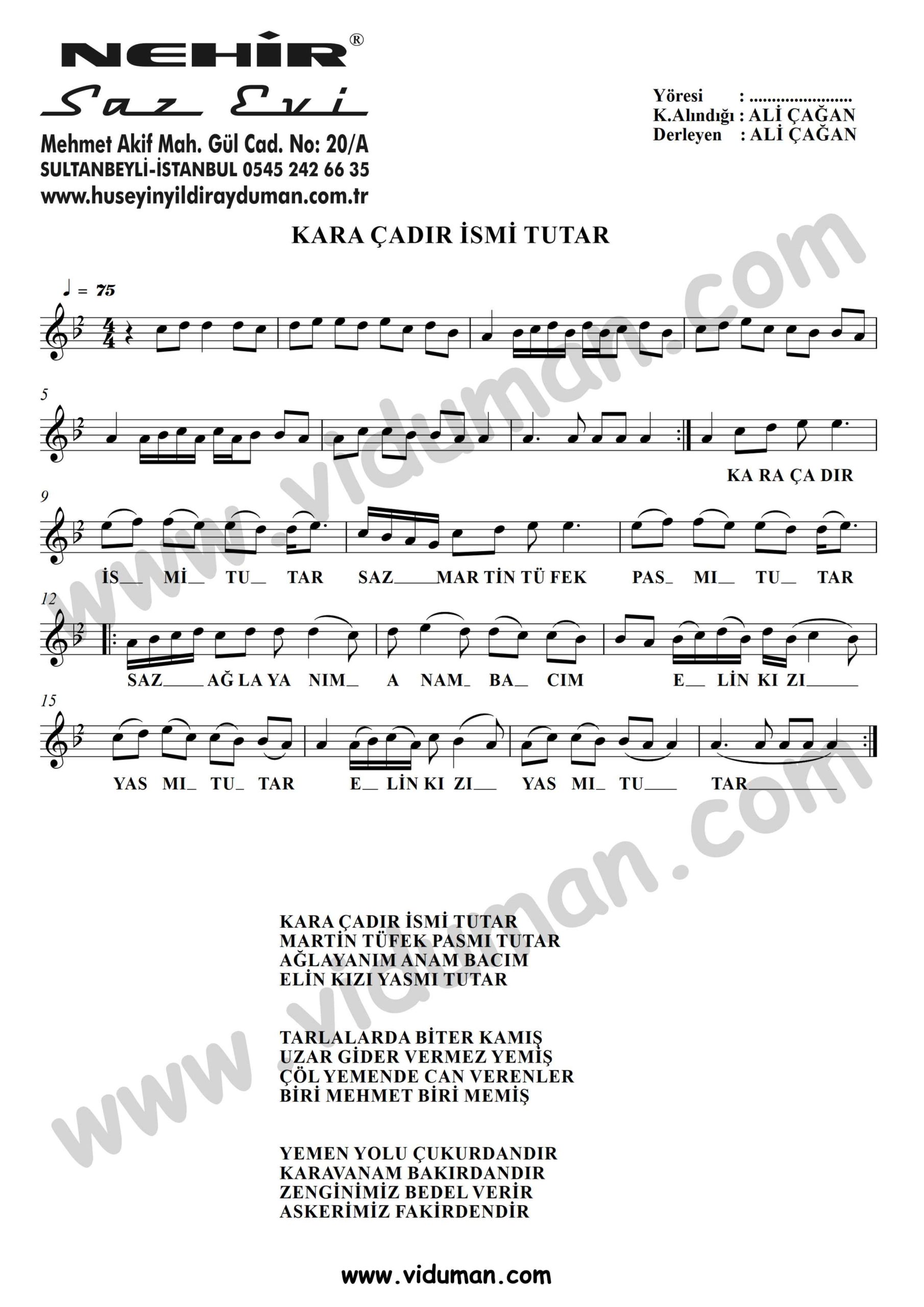 Kara Cadir Ismi Tutar-Baglama-Saz-Notalari