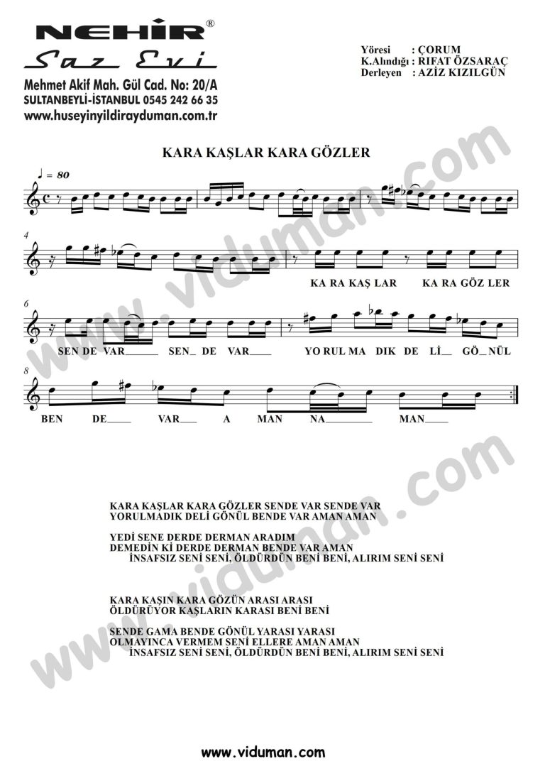 Kara Kaslar Kara Gozler 1-Baglama-Saz-Turku Notalari