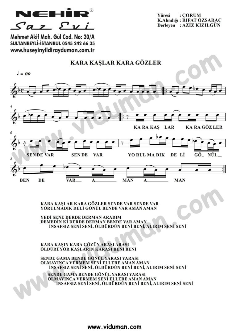 Kara Kaslar Kara Gozler-Baglama-Saz-Turku Notalari