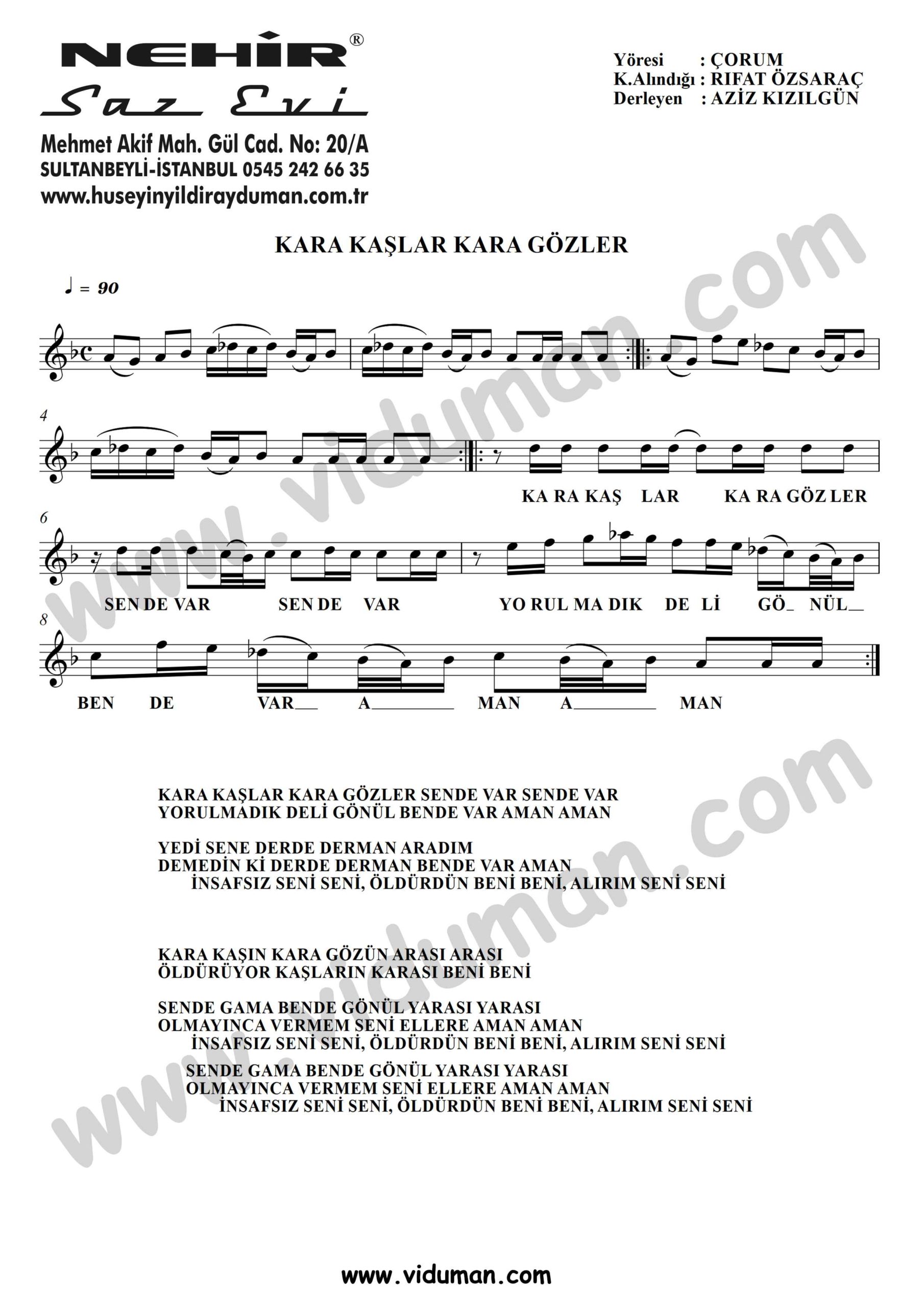 Kara Kaslar Kara Gozler-Baglama-Saz-Notalari