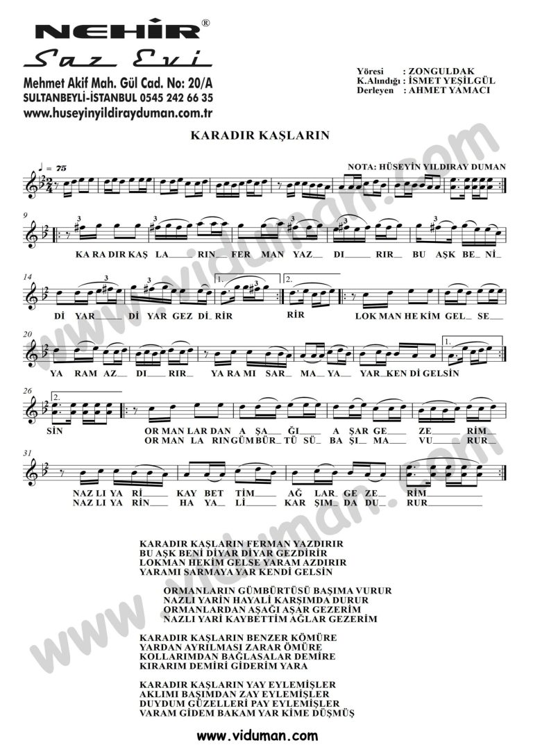 Karadir Kaslarin-Baglama-Saz-Turku Notalari