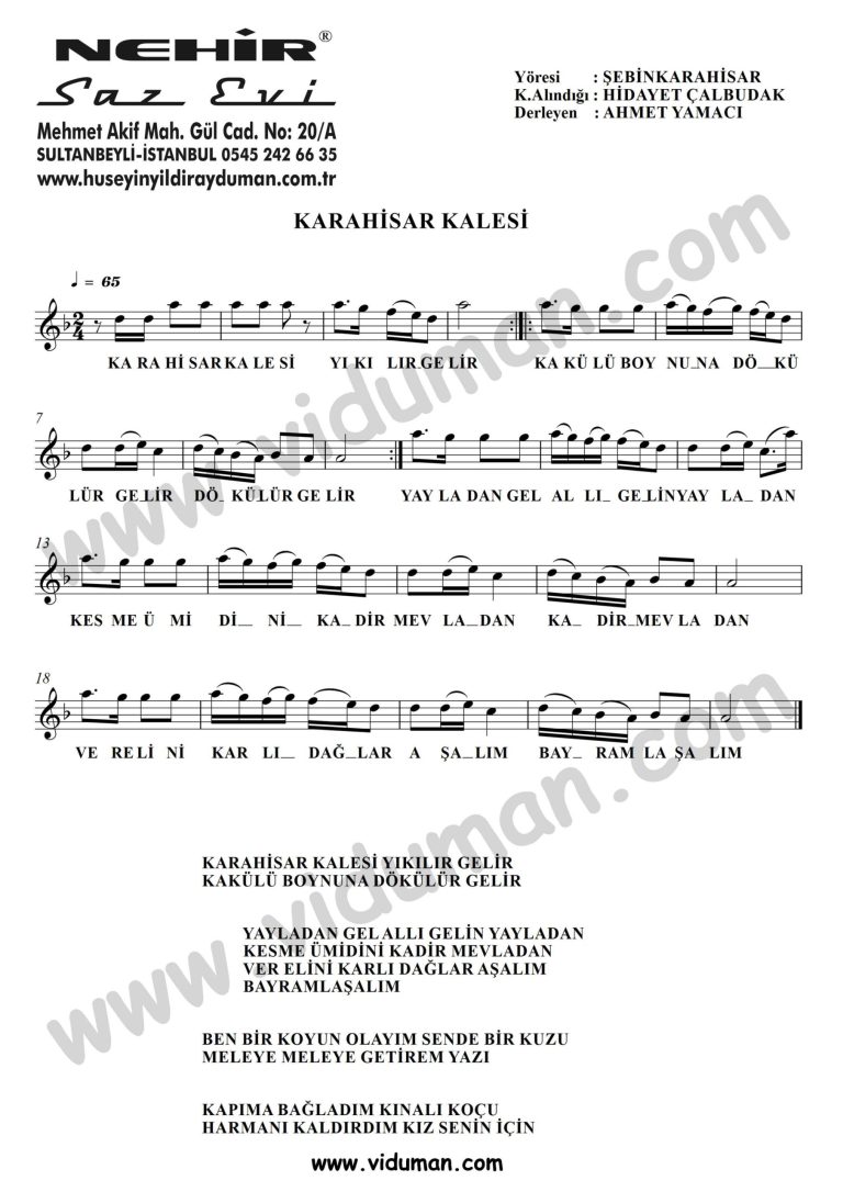 Karahisar Kalesi-Baglama-Saz-Turku Notalari