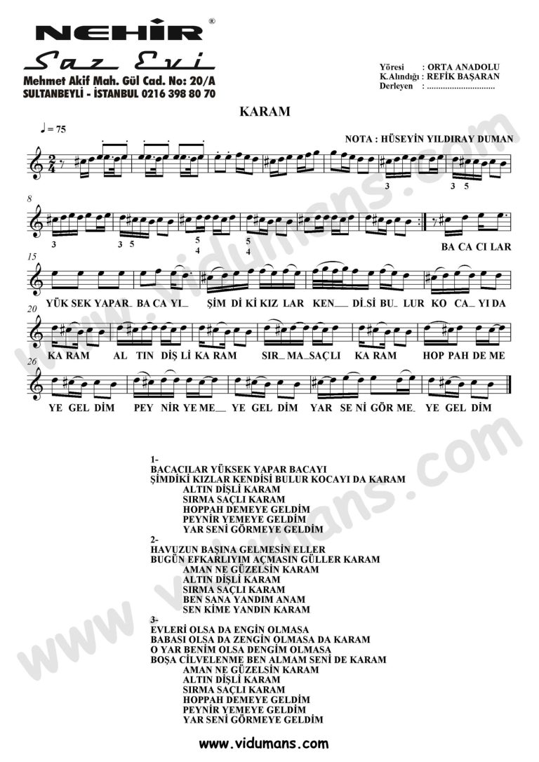 Karam-Baglama-Saz-Turku Notalari