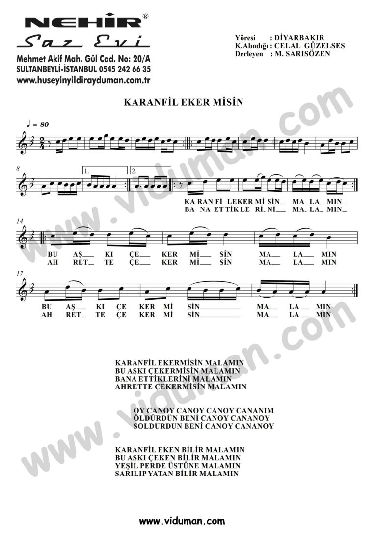 Karanfil Ekermisin-Baglama-Saz-Turku Notalari