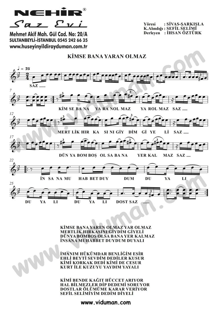 Kimse Bana Yaran Olmaz-Baglama-Saz-Turku Notalari