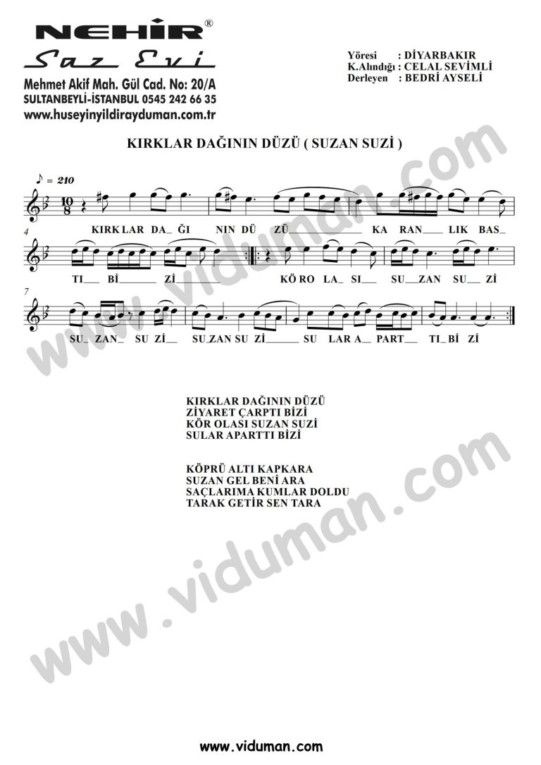 Kirklar Daginin Duzu Suzan Suzi-Baglama-Saz-Turku Notalari