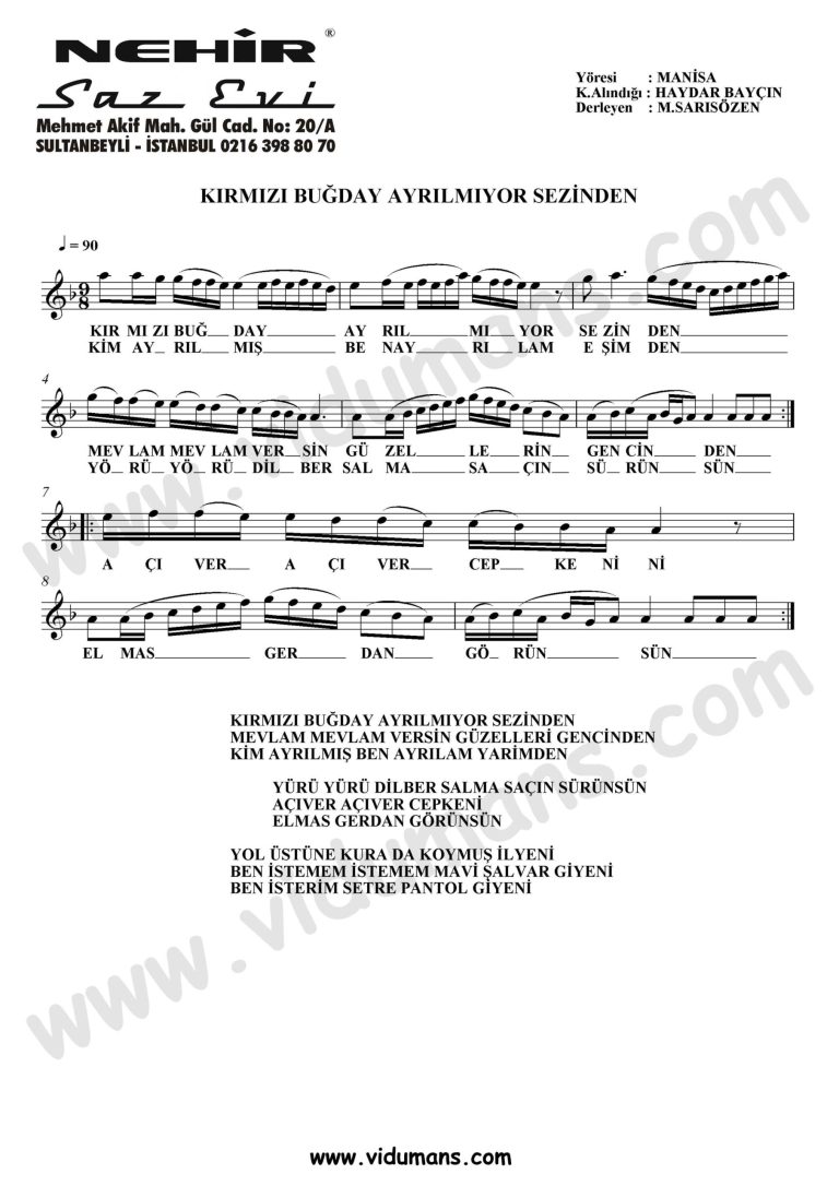 Kirmizi Bugday Ayrilmiyor Sezinden-Baglama-Saz-Turku Notalari