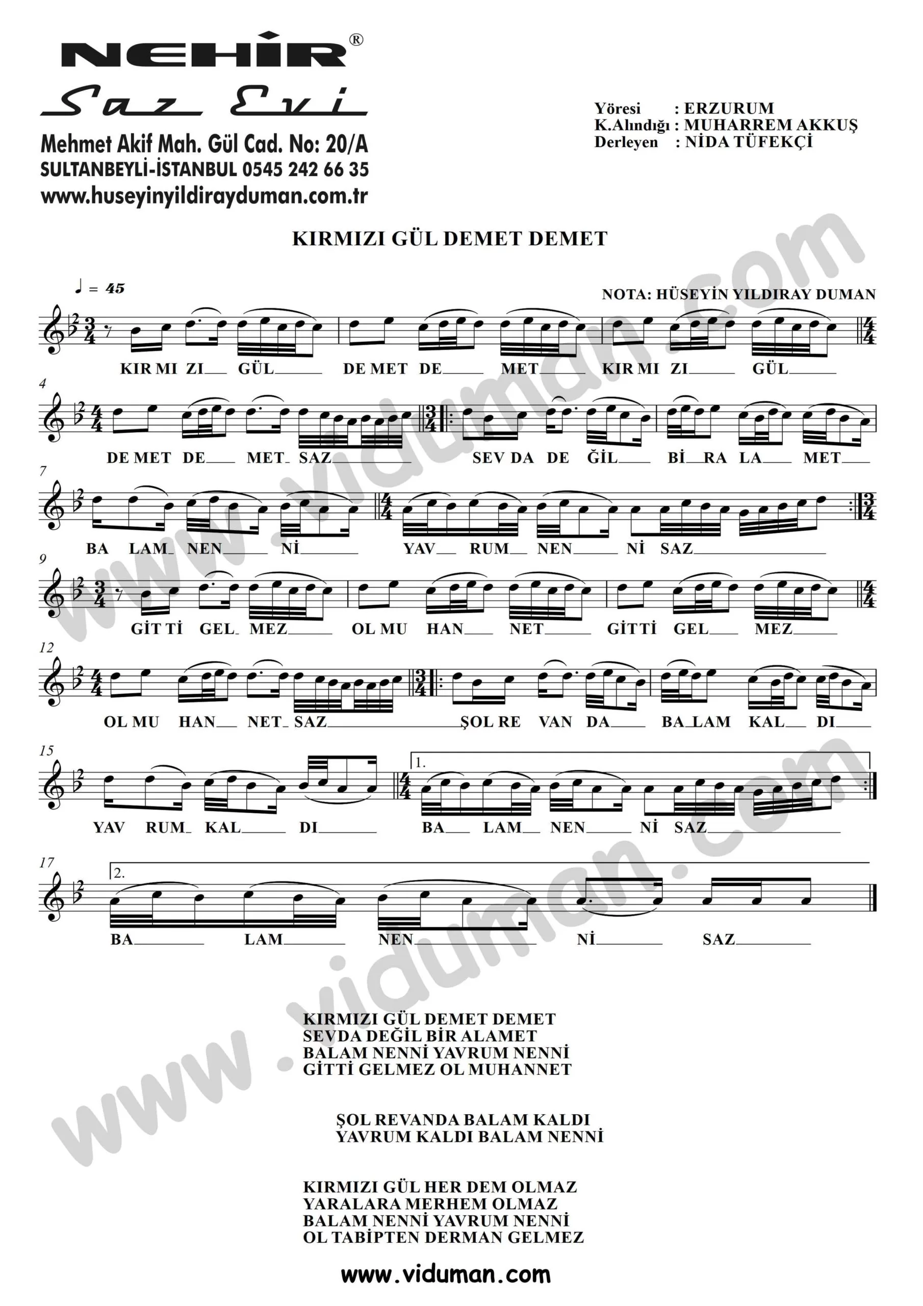 Kirmizi Gul Demet Demet-Baglama-Saz-Turku Notalari