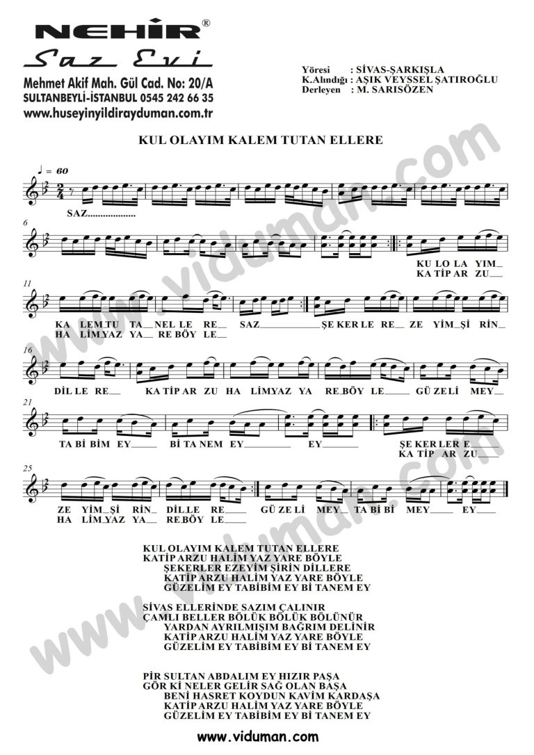 Kul Olayim Kalem Tutan Ellere-Baglama-Saz-Turku Notalari