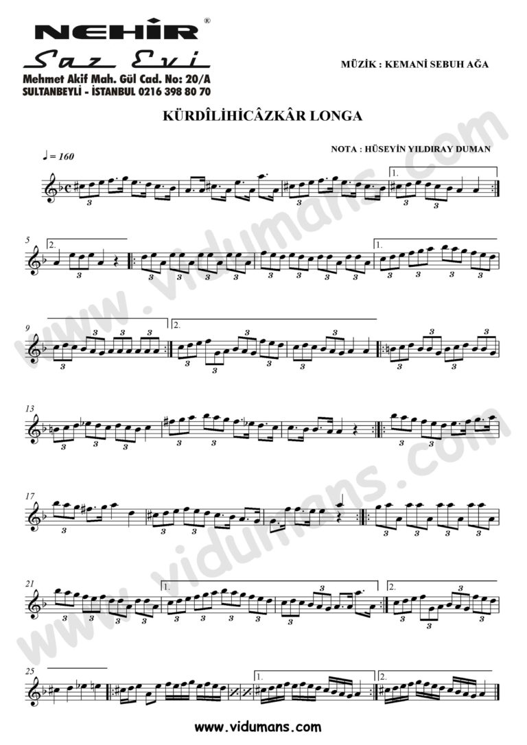 Kurdilihicazkar Longa-Baglama-Saz-Turku Notalari