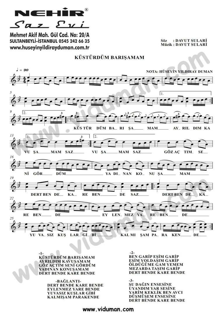 Kusturdum Barisamam-Baglama-Saz-Turku Notalari