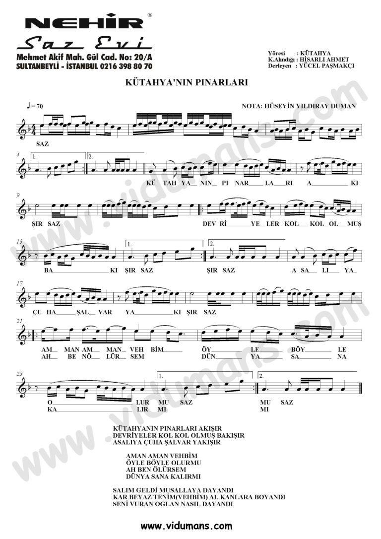 Kutahyanin Pinarlari Akisir-Baglama-Saz-Turku Notalari