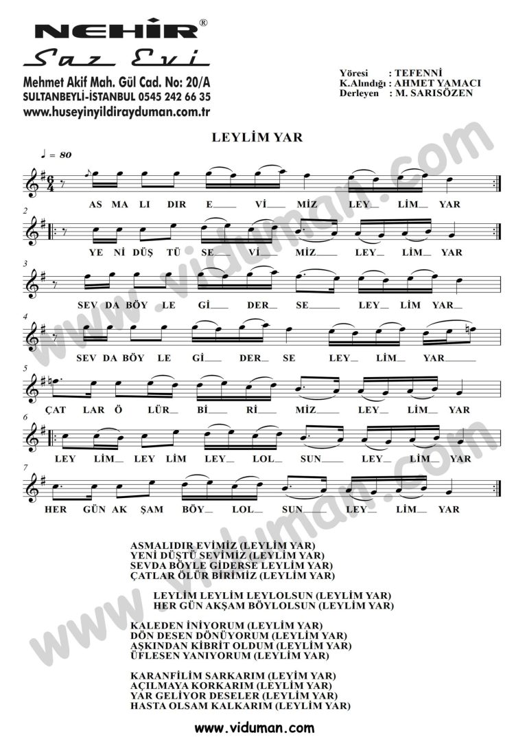 Leylim Yar-Baglama-Saz-Turku Notalari