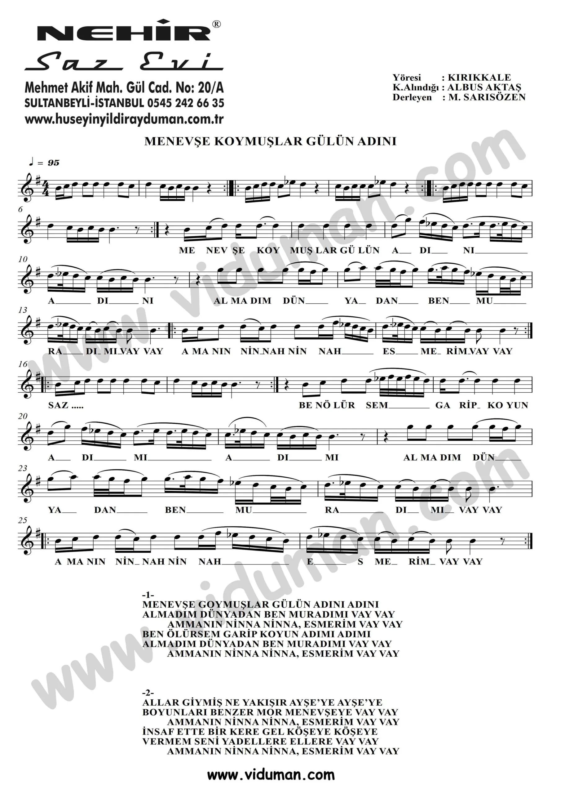 Menevse Koymuslar Gulun Adini-Baglama-Saz-Turku Notalari