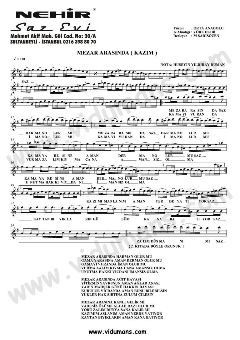 Mezar Arasinda (Kazim)-Baglama-Saz-Turku Notalari