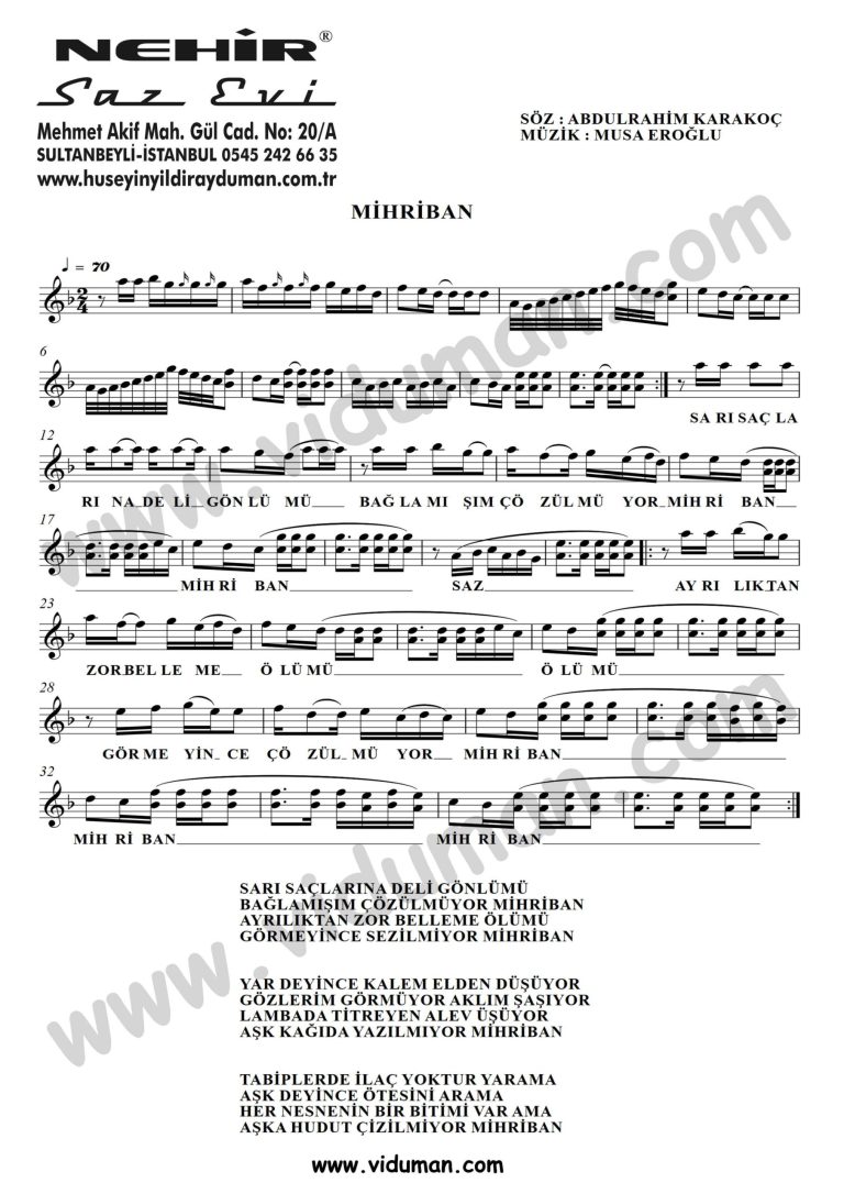 Mihriban-Baglama-Saz-Turku Notalari