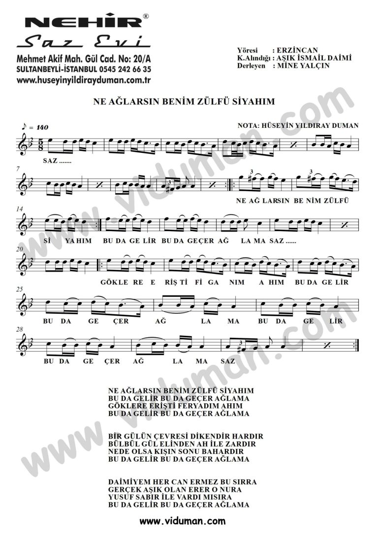 Ne Aglarsin Benim Zulfu Siyahim-Baglama-Saz-Turku-Notalari