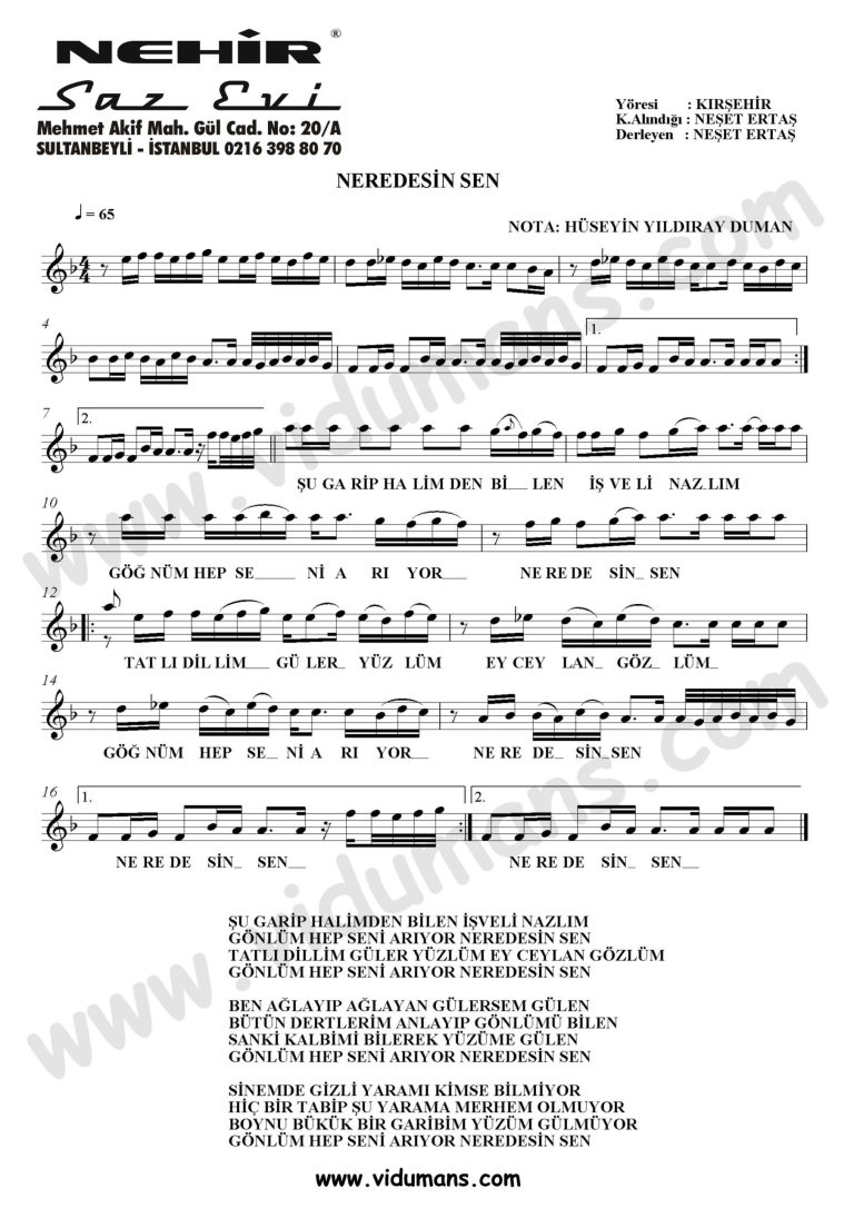 Neredesin Sen-Baglama-Saz-Turku-Notalari