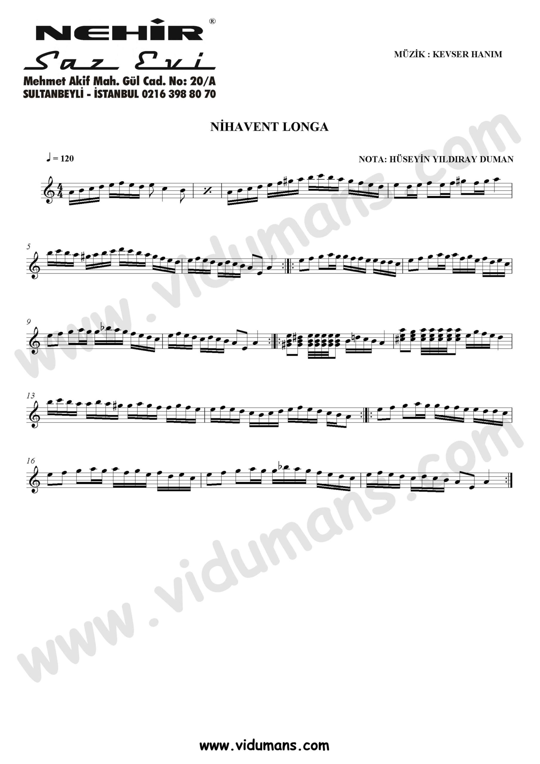 Nihavent Longa-Baglama-Saz-Turku-Notalari