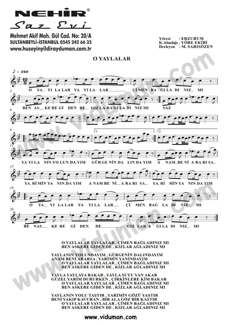 O Yaylalar-Baglama-Saz-Turku-Notalari