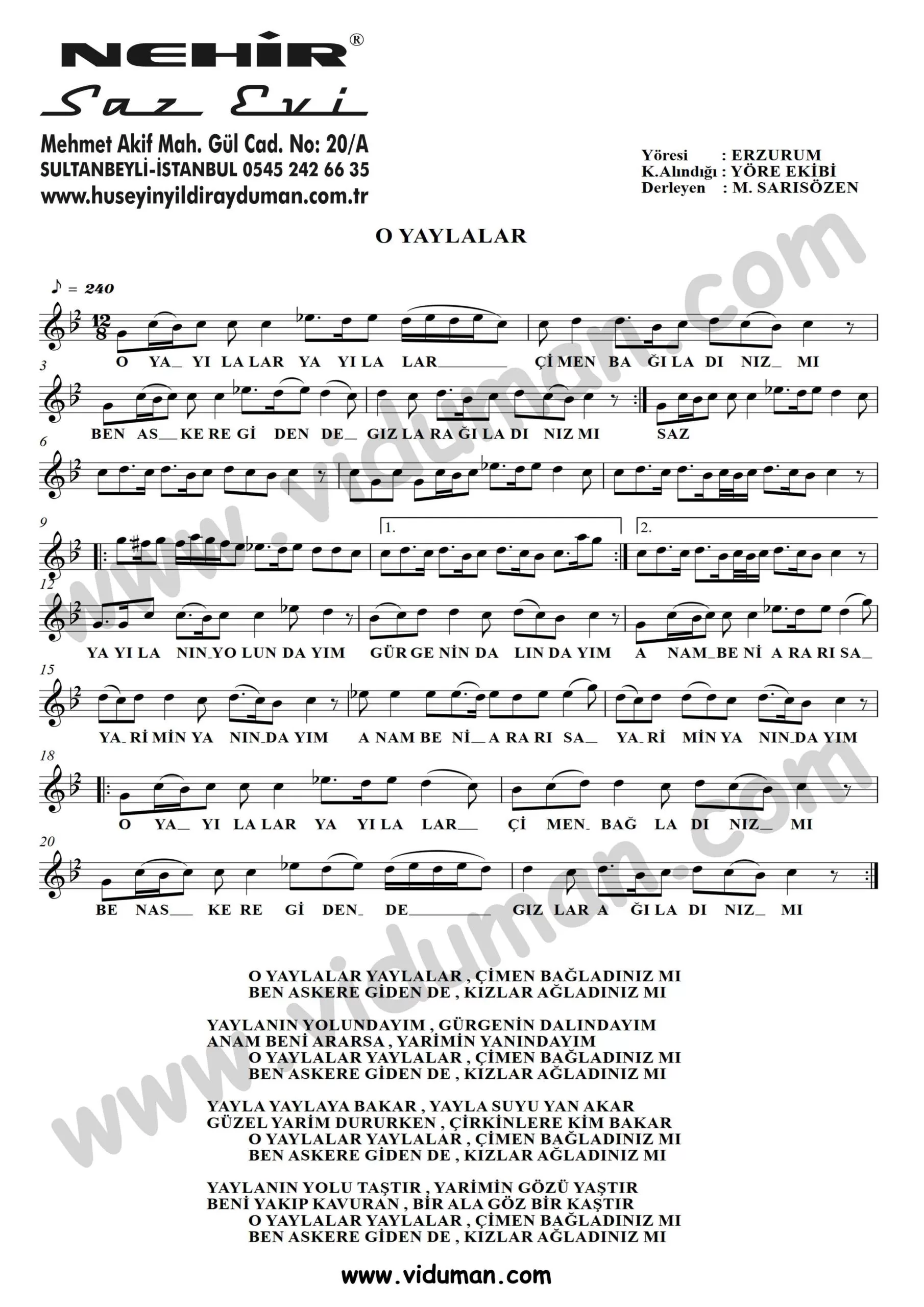 O Yaylalar-Baglama-Saz-Turku-Notalari