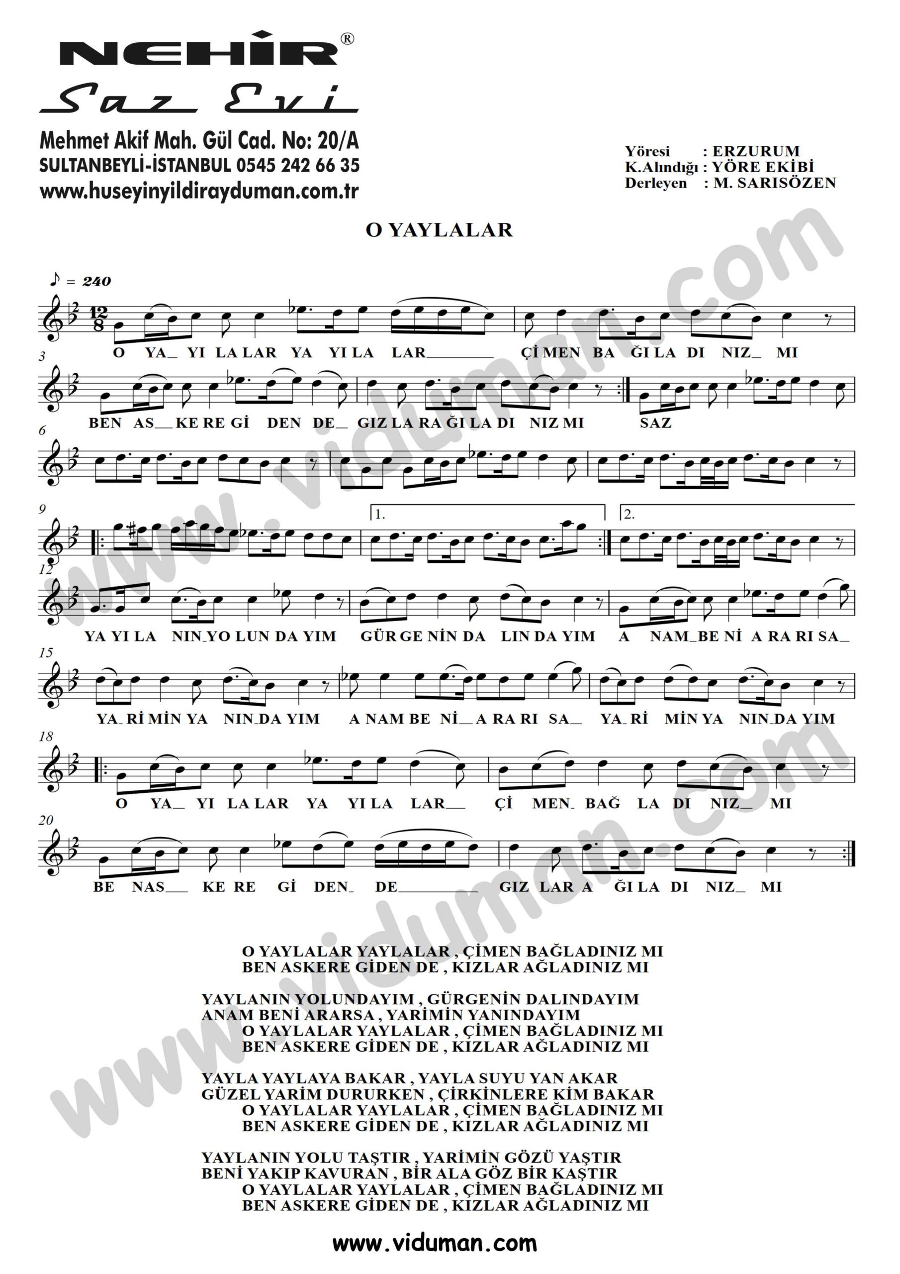 O Yaylalar-Baglama-Saz-Turku-Notalari