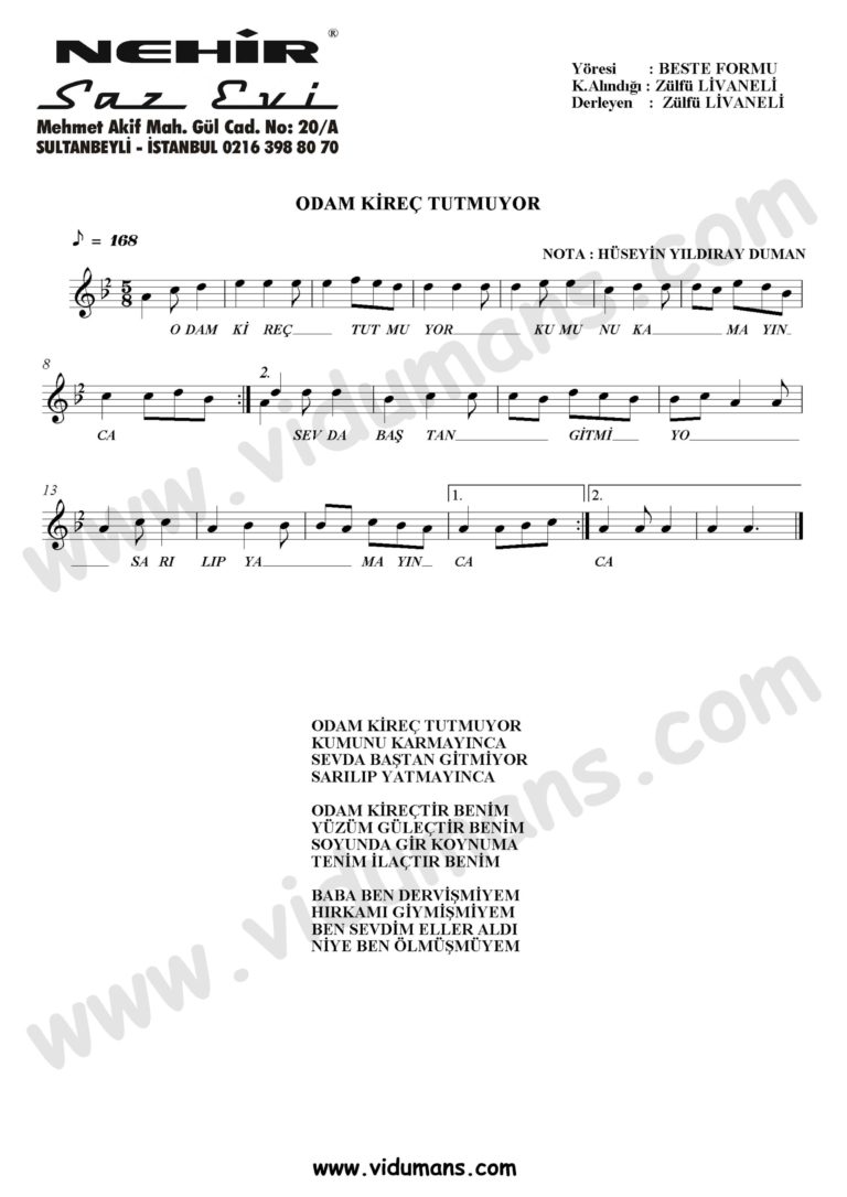 Odam Kirec Tutmuyor-Baglama-Saz-Turku-Notalari